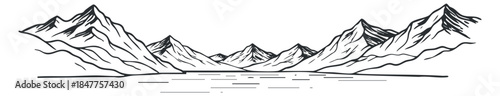 A minimalist outline illustration of mountains with a reflection in the water in black and white vector style, ideal for nature-themed projects