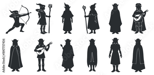 A collection of elf characters in black silhouette style, featuring archers, sorcerers, and musicians, ideal for fantasy-themed projects