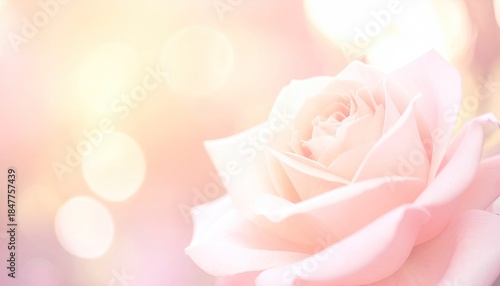 Delicate pink rose bloom with soft warm bokeh lights background.