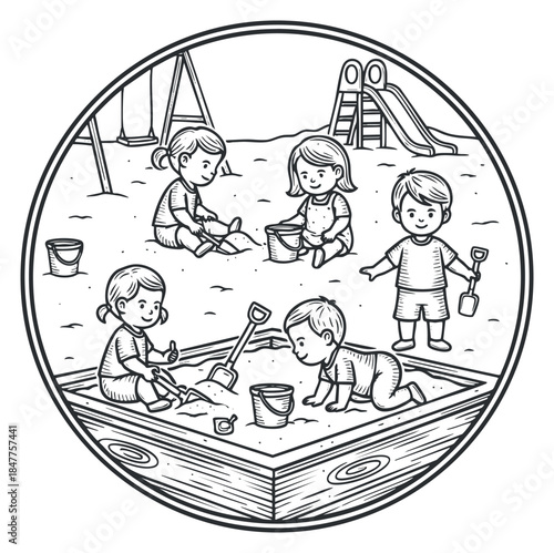 A group of children playing in a sandbox with shovels and buckets in a black and white outlined illustration, perfect for educational materials