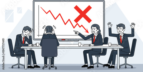 Frustrated Business Team Reacting to Financial Crisis, Failure, and Declining Sales Illustrated by a Sharp Downward Red Graph During a Board Meeting.