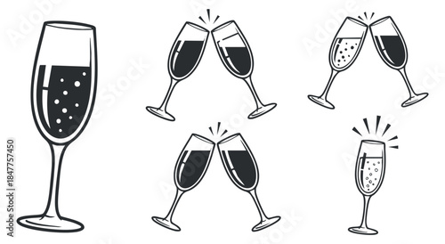 A collection of champagne glasses and clinking toasts in black and white outline vector style, ideal for celebration themes and party invitations