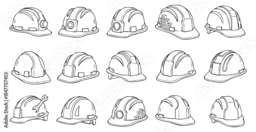 A collection of various hard hats and construction helmets in outline vector style, suitable for safety and construction-related projects