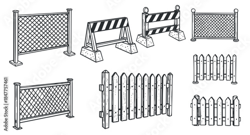 A collection of various fence and barrier designs in outline vector style, ideal for construction and landscaping projects