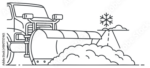 A snow plow truck clearing snow in black and white line art style, suitable for winter weather illustrations