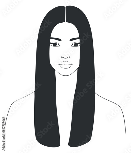 A minimalist vector illustration of a woman's face with long hair and an elegant expression, suitable for fashion and beauty designs