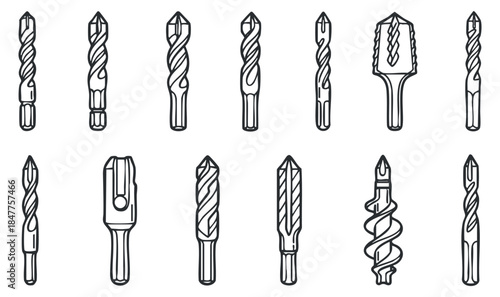A set of various drill bits and cutting tools in black and white outline vector style, suitable for engineering and manufacturing projects