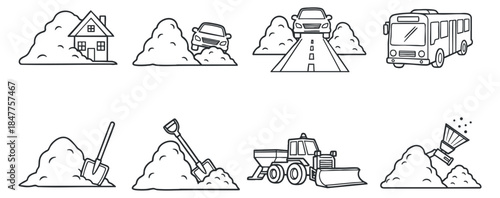 A collection of winter transport and construction icons in outline vector style, ideal for urban planning and snow removal projects