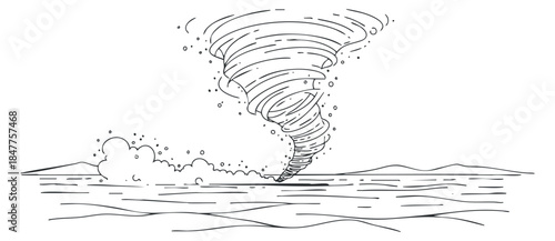A tornado forming over the ocean in an outline vector style, suitable for environmental and weather-related projects