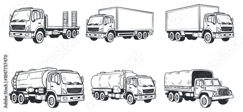 A collection of various truck types including delivery trucks, tank trucks, and cargo vehicles in black and white outline vector style, suitable for transportation and logistics designs