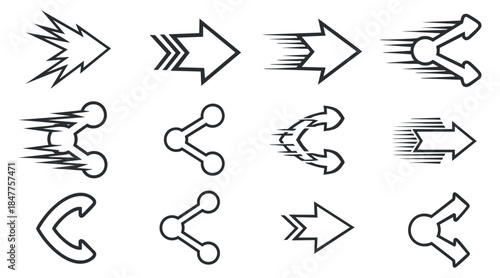 A set of dynamic arrow icons illustrating various directions and movements in black and white vector style, ideal for web and graphic design