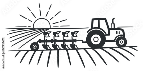 A tractor plowing a field under a rising sun in black and white line art style, ideal for agricultural themes