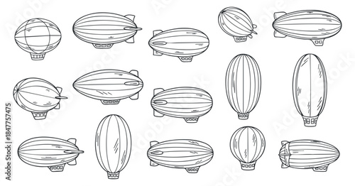 A collection of various airships and balloons in outline vector style, ideal for travel-themed designs and illustrations