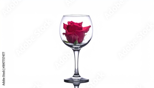 Single Red Rose Petal Elegantly Placed Inside a Clear Wine Glass.