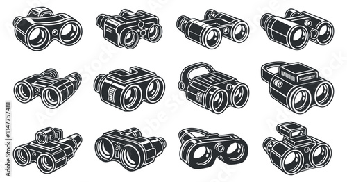 A collection of various binoculars in detailed black and white vector style, suitable for outdoor and adventure design projects