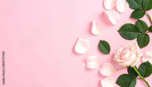 Elegant light pink rose bloom with scattered petals and green leaves on a soft pastel background.