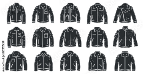 A collection of 16 stylish jackets in black outline vector style, ideal for fashion design and apparel branding