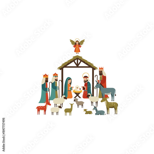 Nativity Scene with Holy Family Wise Men Shepherds and Animals.
