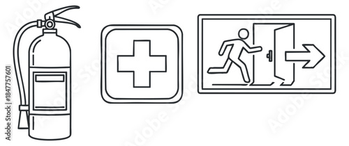 A collection of emergency safety symbols including a fire extinguisher, first aid cross, and exit sign in outline vector style, suitable for safety signage and training materials