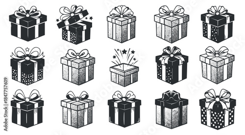 A collection of decorative gift boxes with ribbons and bows in black and white vector style, perfect for holiday celebrations and event invitations