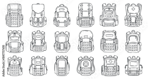 A collection of various backpack designs in black and white outline vector style, suitable for outdoor and travel-themed projects