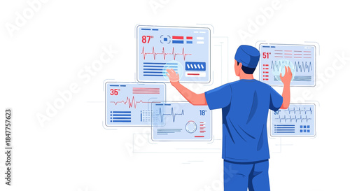 Medical professional interacting with advanced diagnostic displays in a futuristic hospital setting