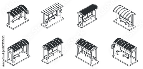 A set of bus stop shelters in black and white outline vector style, suitable for urban planning and transportation design