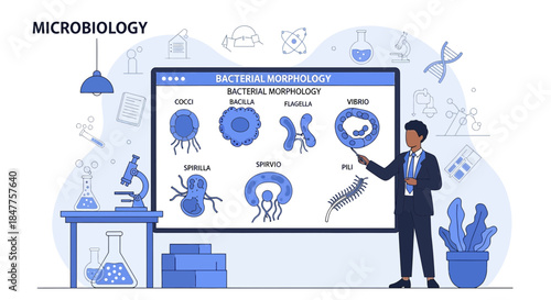 Microbiology professor explaining bacterial morphology through whiteboard illustration and diagrams