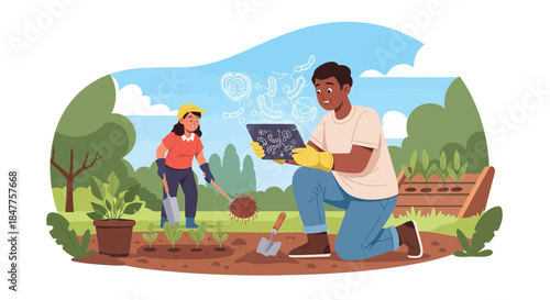 Modern gardening with digital tools and teamwork enhance soil health and plant vitality fostering