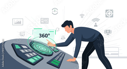 Modern interaction concept showing operator manipulating holographic interface panel using