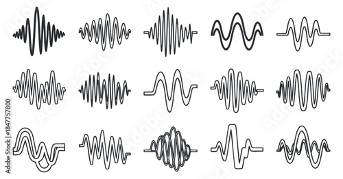 A collection of sound waveforms in minimalist black line vector style, suitable for audio and music-related designs