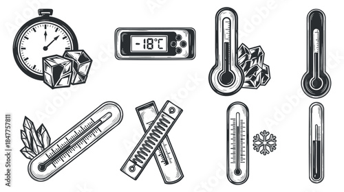 A collection of temperature measurement tools including thermometers, a clock, and ice cubes in black and white vector style, suitable for scientific and educational projects
