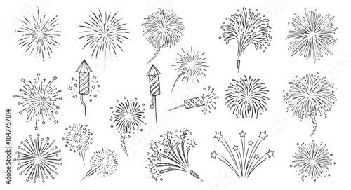 A set of various fireworks and firecrackers in black and white outline vector style, perfect for festive designs and celebrations