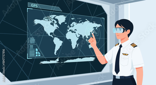 Pilot navigating with augmented reality interface showing global routes and information