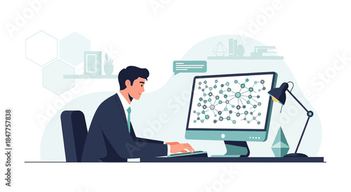 Professional at work exploring network connections on his modern computer setup