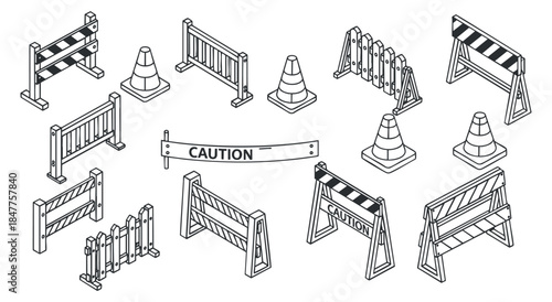 A collection of various caution barriers, cones, and signs in clean outline vector style, suitable for construction and safety designs