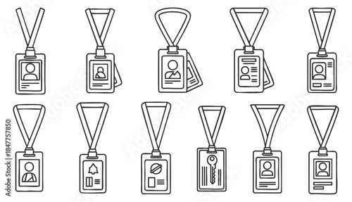 A collection of identification badges with lanyards in minimalist outline vector style, suitable for business and event use