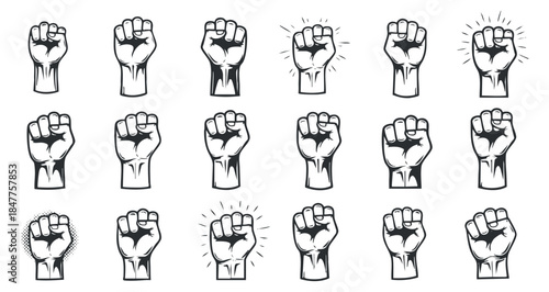 A collection of various clenched fists in black and white outline vector style, perfect for activism and empowerment themes