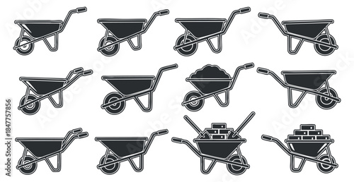 A set of various wheelbarrow illustrations in black and white outline vector style, suitable for construction and landscaping projects