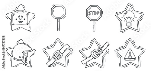 A collection of safety and warning icons including first aid, stop signs, and helmets in minimalist outline vector style, ideal for safety awareness and educational materials