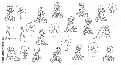 A collection of children riding bicycles, playing on swings, and sliding in a black and white vector style, ideal for children's activity themes