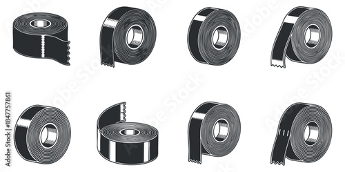 A collection of decorative ribbon rolls in black and white flat vector style, ideal for crafting and gift packaging