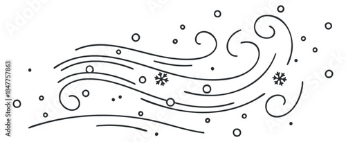 A collection of swirling lines and snowflakes in minimalist black and white vector style, perfect for winter-themed designs