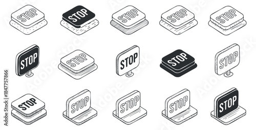 A collection of stop signs in various styles including outlined and filled in black and white minimalist vector design, ideal for safety and traffic-related projects
