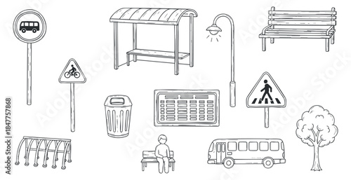 A collection of urban infrastructure elements including bus stops, benches, and traffic signs in black and white outline vector style, ideal for city planning and design projects