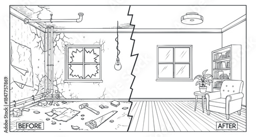 A before and after illustration showcasing a room renovation, in black and white vector style, ideal for home improvement projects