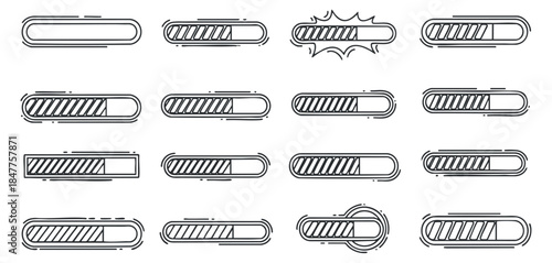 A set of loading progress bars in minimalistic black and white vector style, suitable for user interface design and web applications