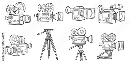 A collection of various cameras and video equipment in outline vector style, ideal for film and media design projects