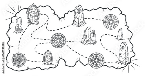 A fantasy adventure map featuring mystical symbols and landmarks in a black and white outline vector style, ideal for gaming and storytelling