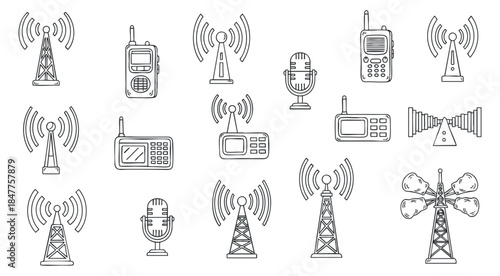 A collection of radio towers, communication devices, and microphones in a minimalist outline vector style, suitable for technology and media projects